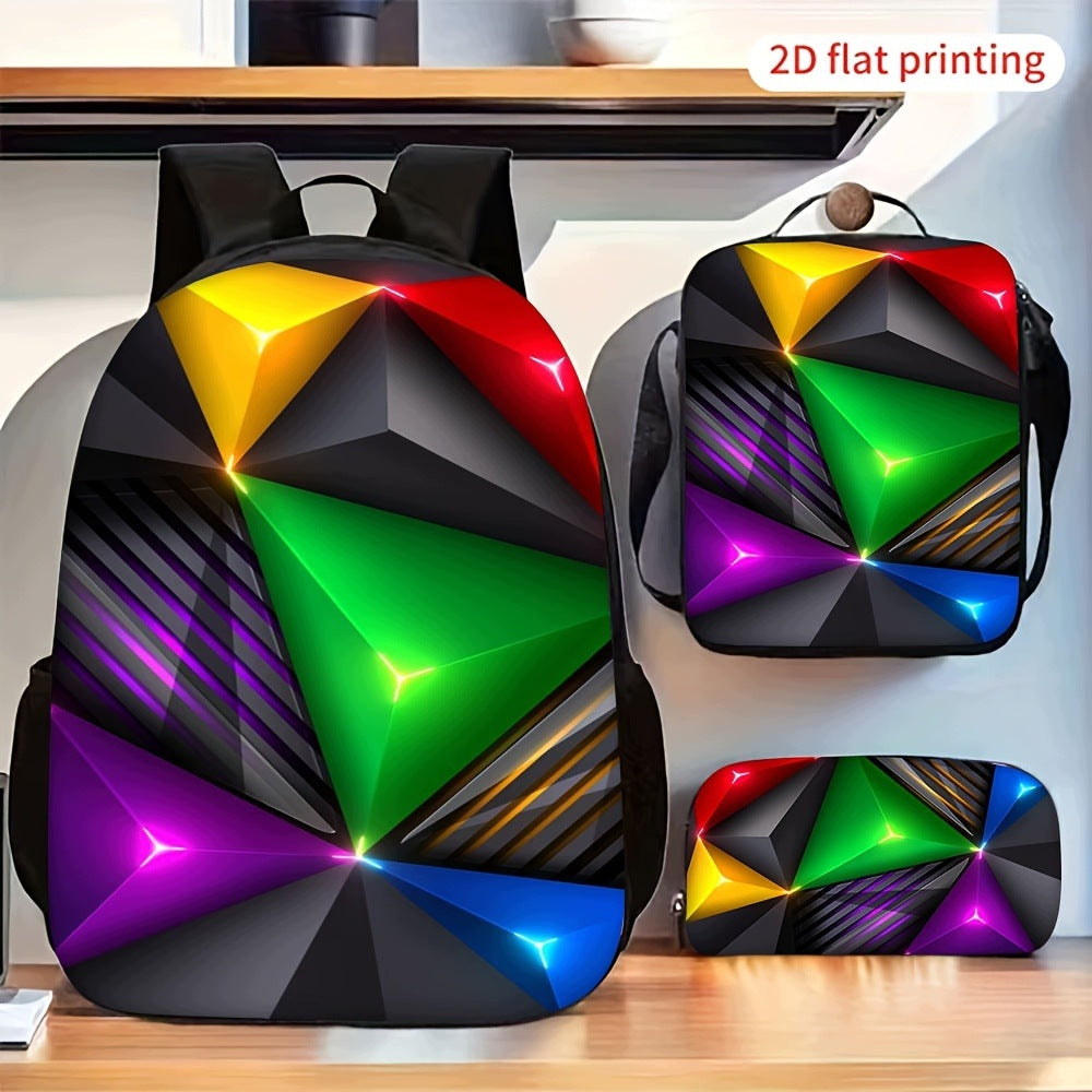 Colorful Glowing Geometric Pattern Backpack Set Crossbody Bag