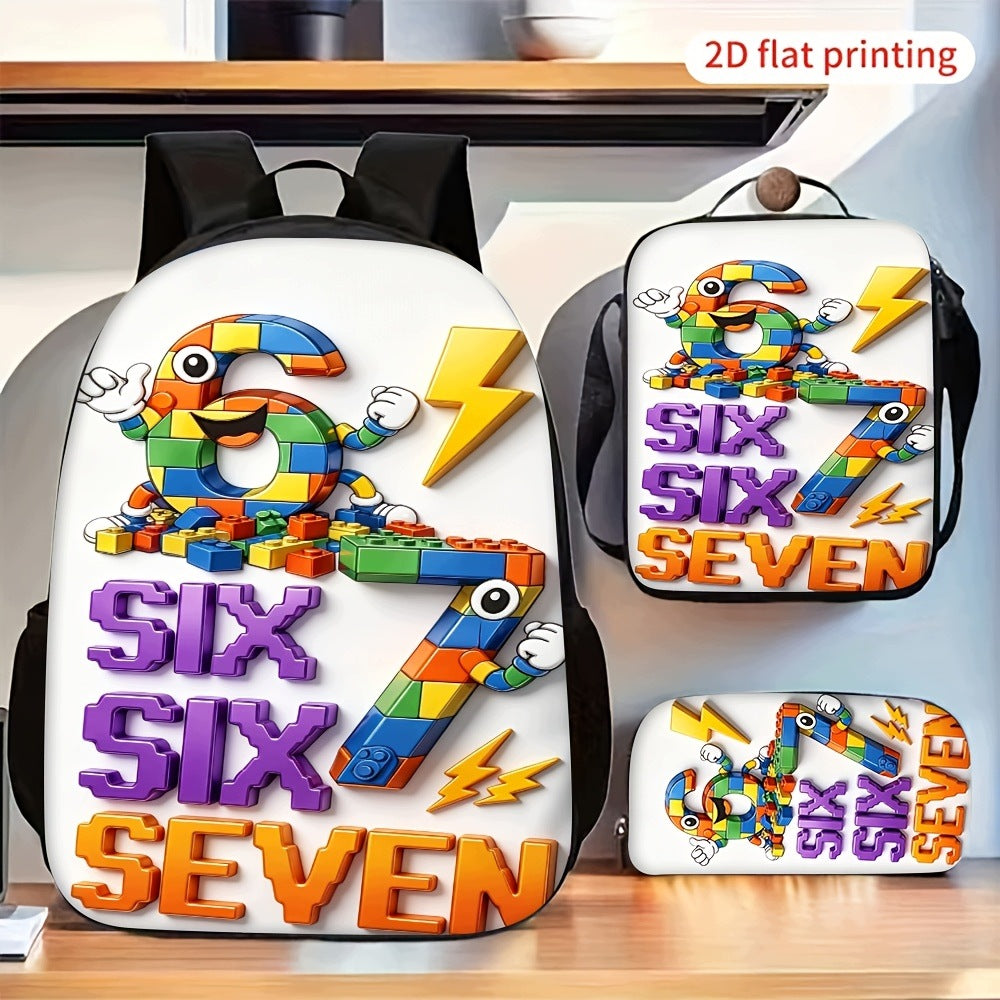 Colorful Number 6 7 Lightning 3-Piece Backpack Set with Lunch Bag