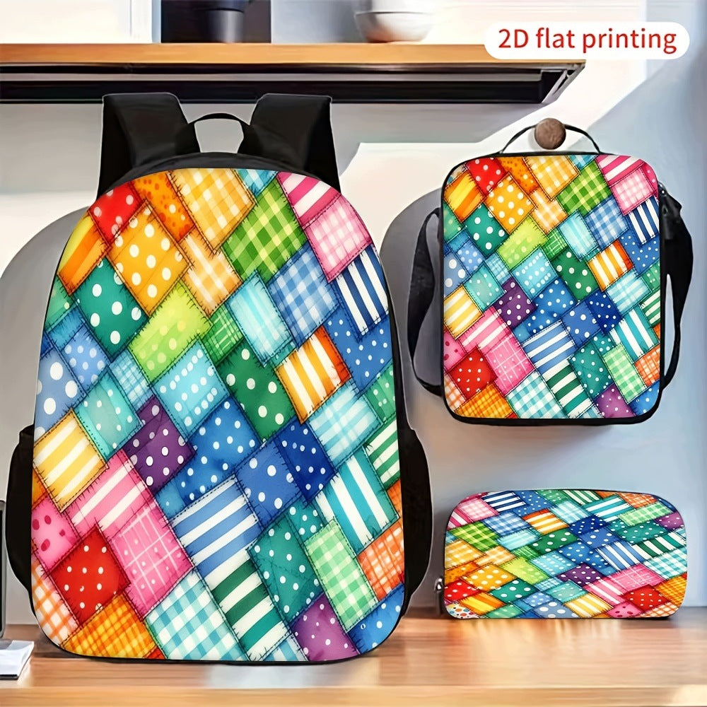 Colorful Patchwork Pattern Bag Set with Matching Pouch for Travel