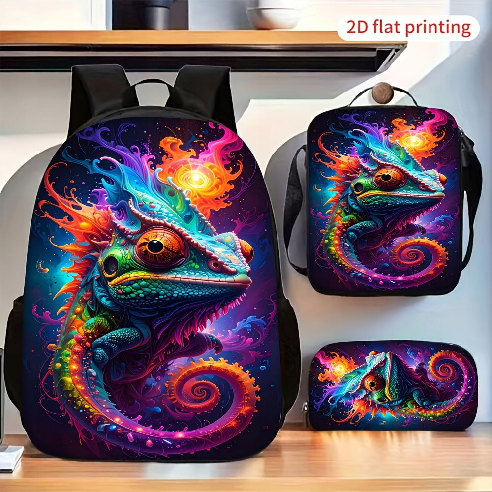 Colorful Psychedelic Chameleon Flame 3-Piece Backpack Set with Lunch Bag