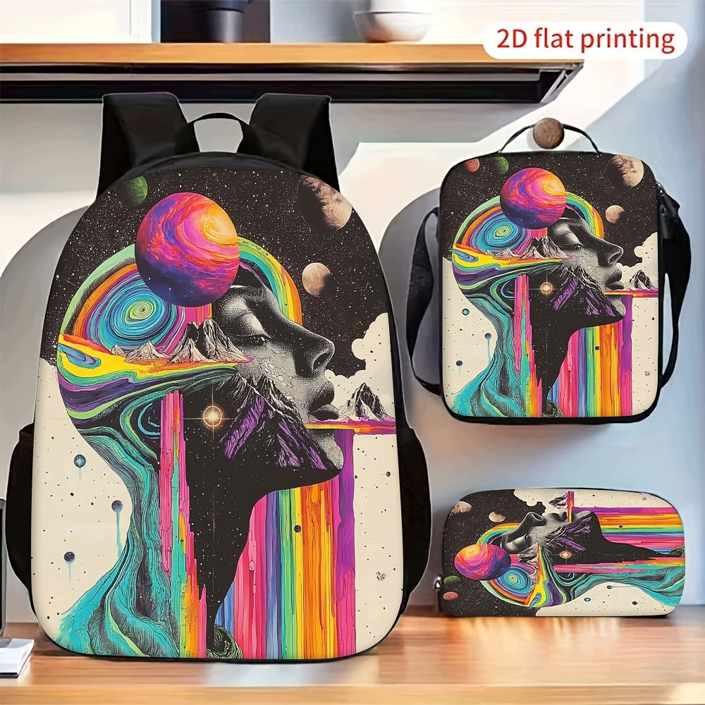 Colorful Psychedelic Cosmic Human Face Backpack Set Shoulder Bag Pencil Case