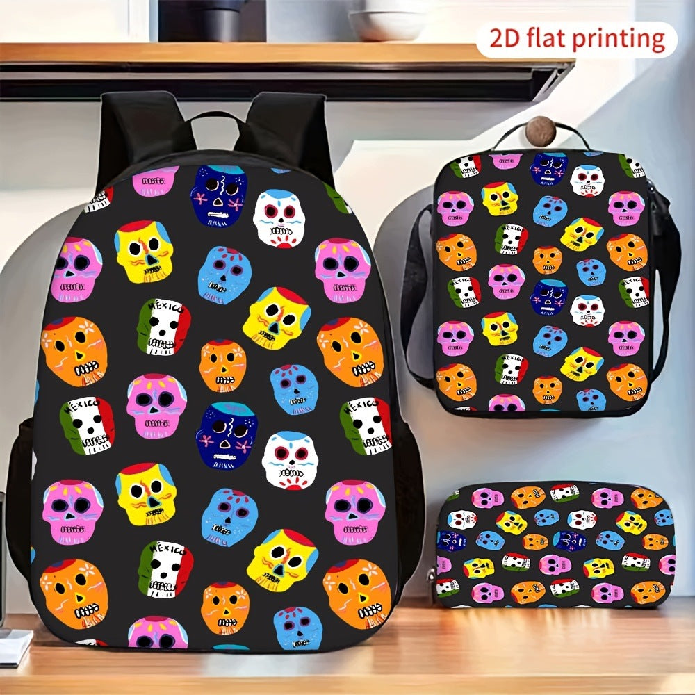Colorful Skull Print Fashion Backpack Set with Two Pouches