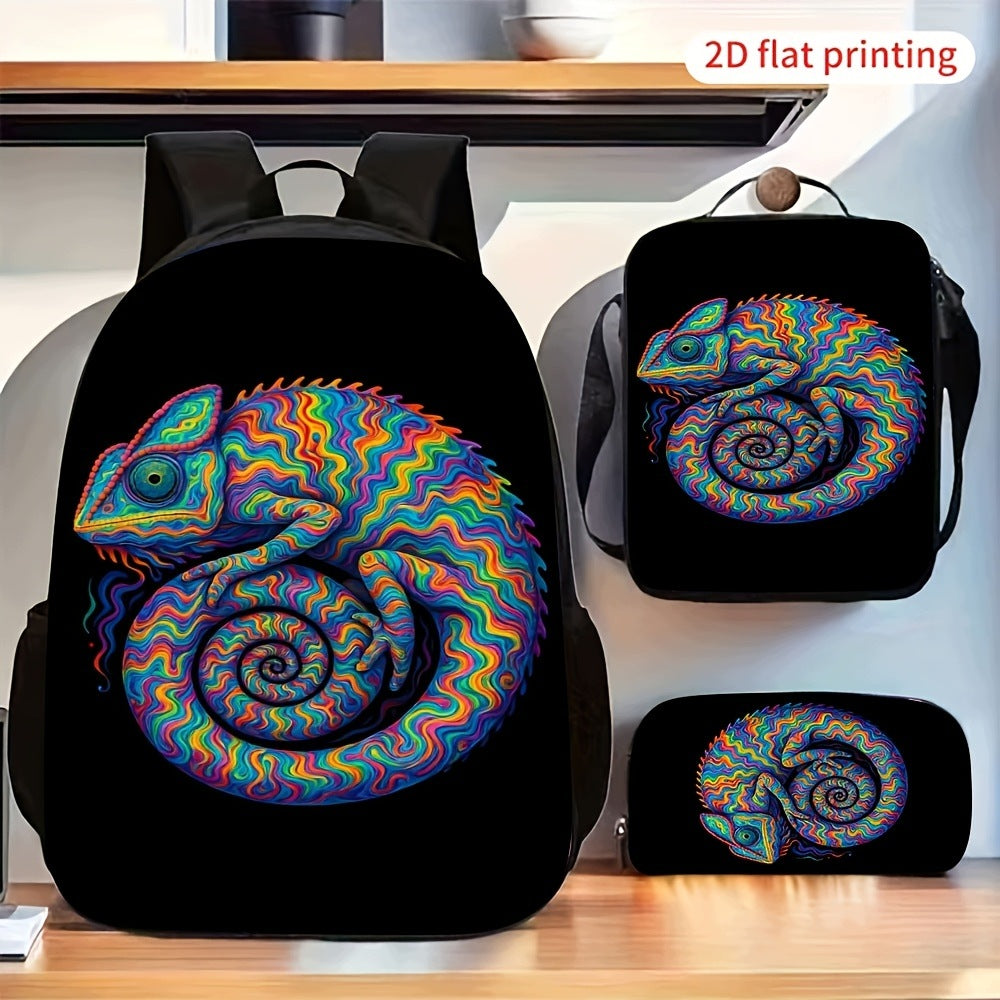 Colorful Spiral Chameleon Pattern Backpack Set with Crossbody Bag and Pencil Case