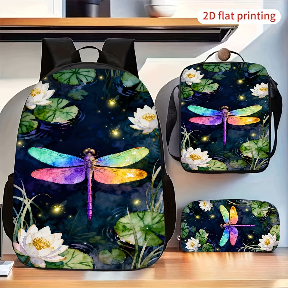 Colorful Watercolor Dragonfly White Lotus Backpack Set Crossbody Bag Pencil Case