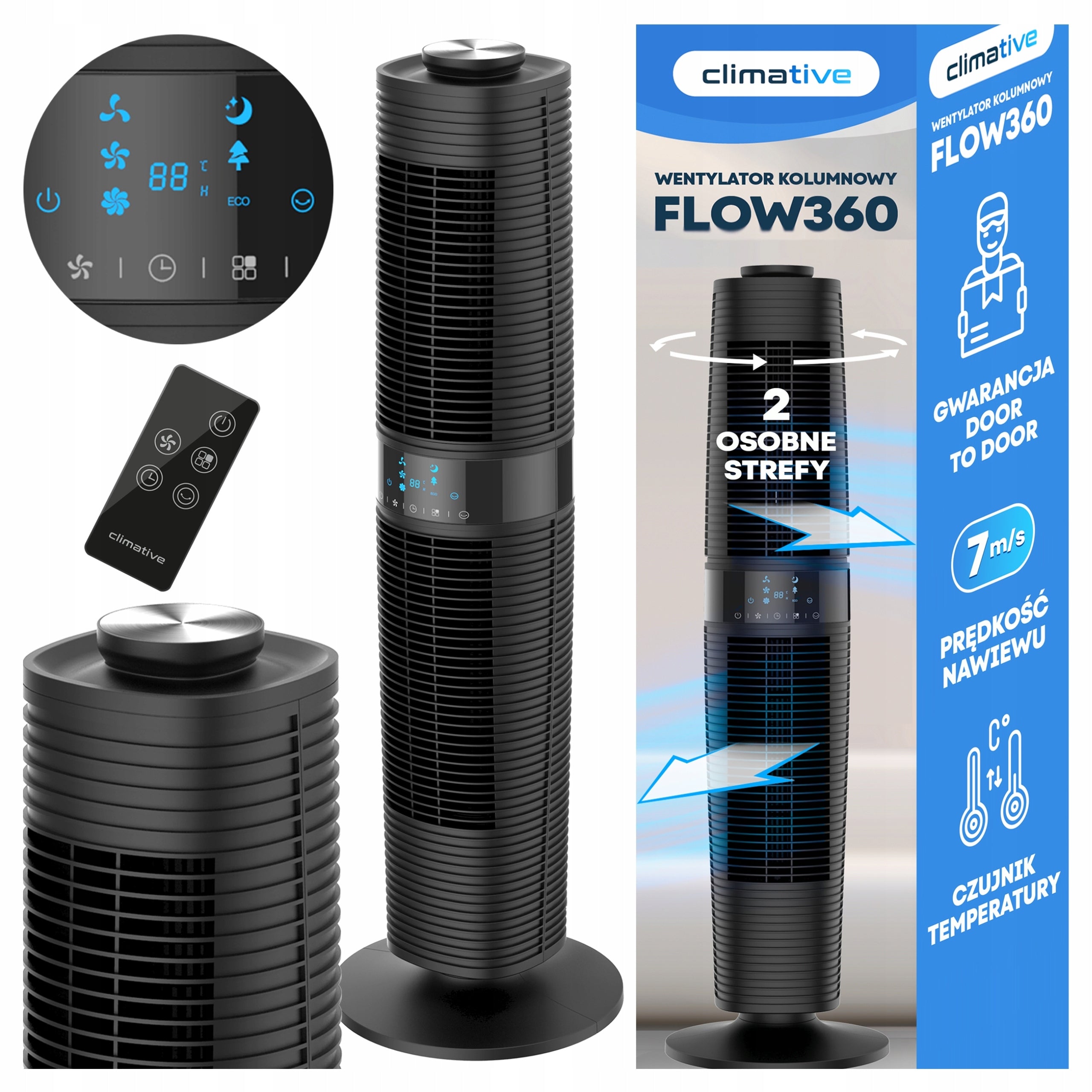 Column Fan TWO SEPARATE AIRFLOW ZONES 7m/s Remote Control 97cm Quiet XXL