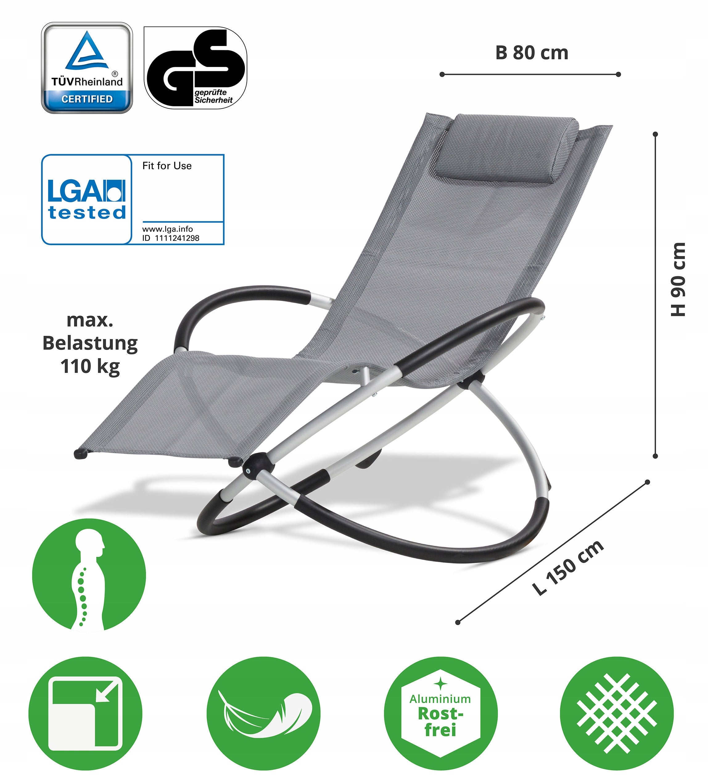 Comfortable Aluminum FOLDING Armchair Garden Beach Lounger ROCKING Light Grey Manufacturer code SKŁADANY Fotel LEŻAK Bujany Szary