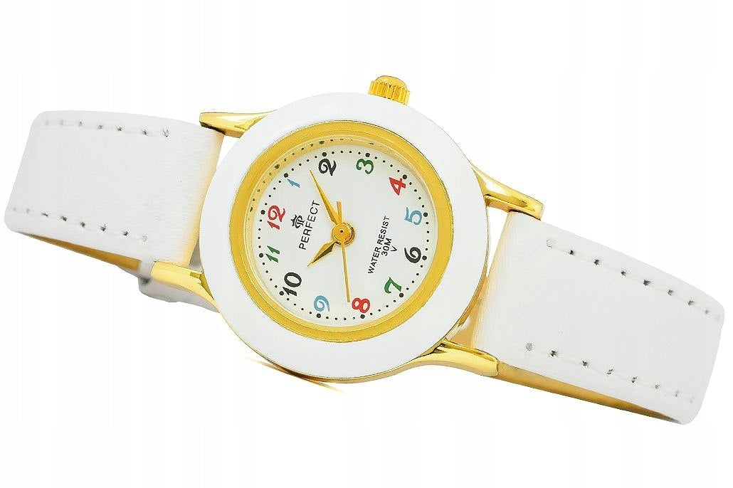 Communion gift gold watch on white strap colorful numbers box S Batteries included yes