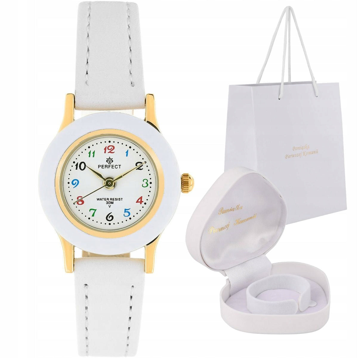 Communion gift gold watch on white strap colorful numbers box S