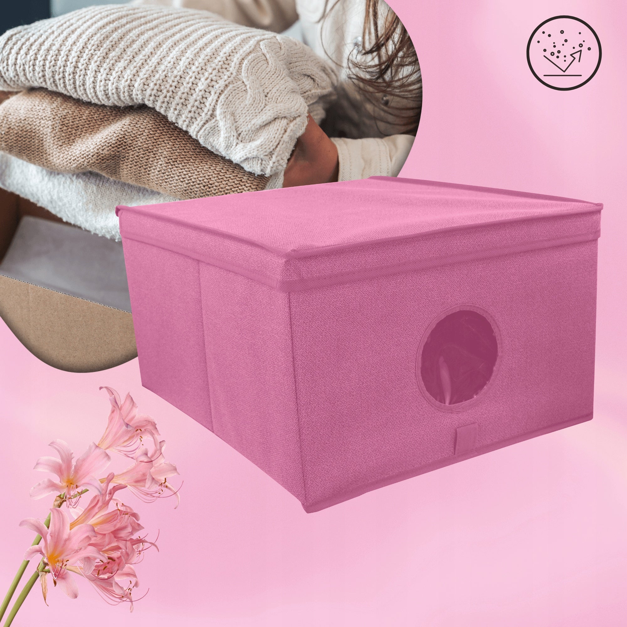 Compact wardrobe box pink folding with window 50x40x25cm, cover Manufacturer code Pojemne pudełko z okienkiem, do szafy, różowe