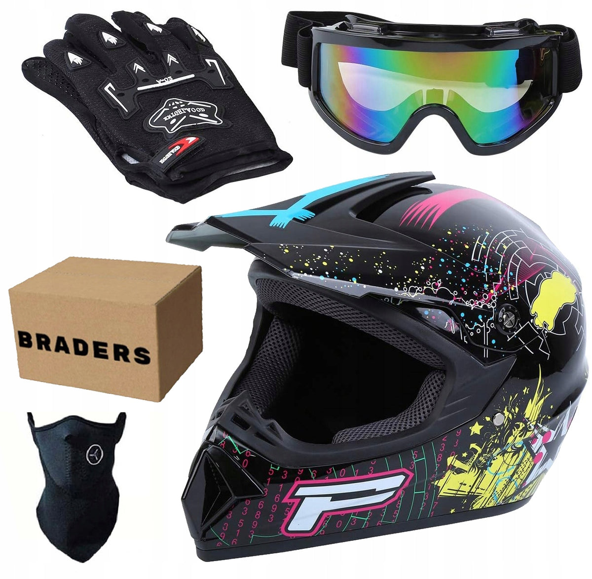 Complete Motorcycle Set: L Helmet + Goggles + Gloves + Enduro Quad Mask
