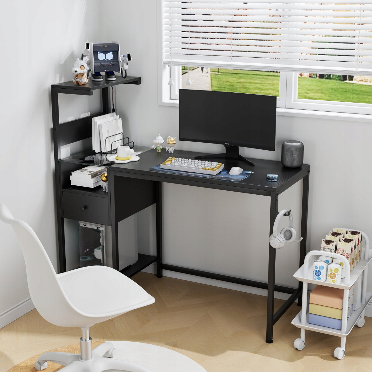 Computer Gaming Desk LED USB Sockets Bookcase Black 122x51x111cm