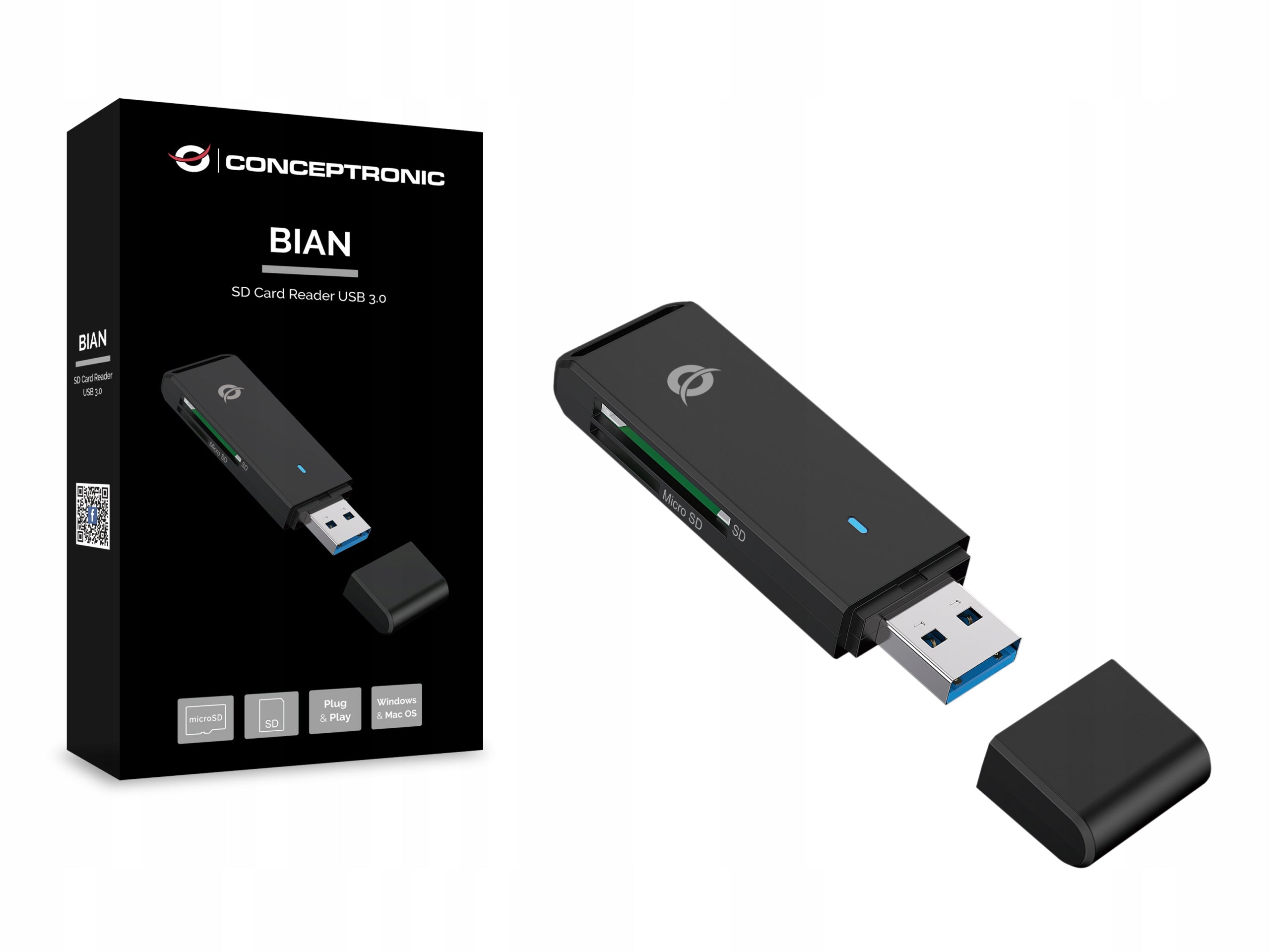 Conceptronic BIAN02B USB 3.2 Gen 1 Type-A Card Reader Black Product weight with unit packaging 0.024 kg