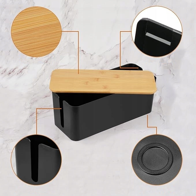 Container Cable Organizer Wires Extension Cord Charger Black Bamboo D8 Packaging status original