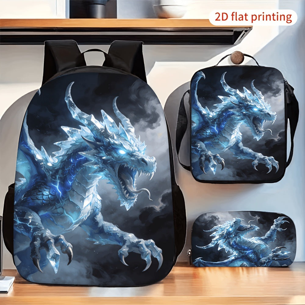 Cool Blue Ice Dragon Print 3-Piece Backpack Set for Daily Travel