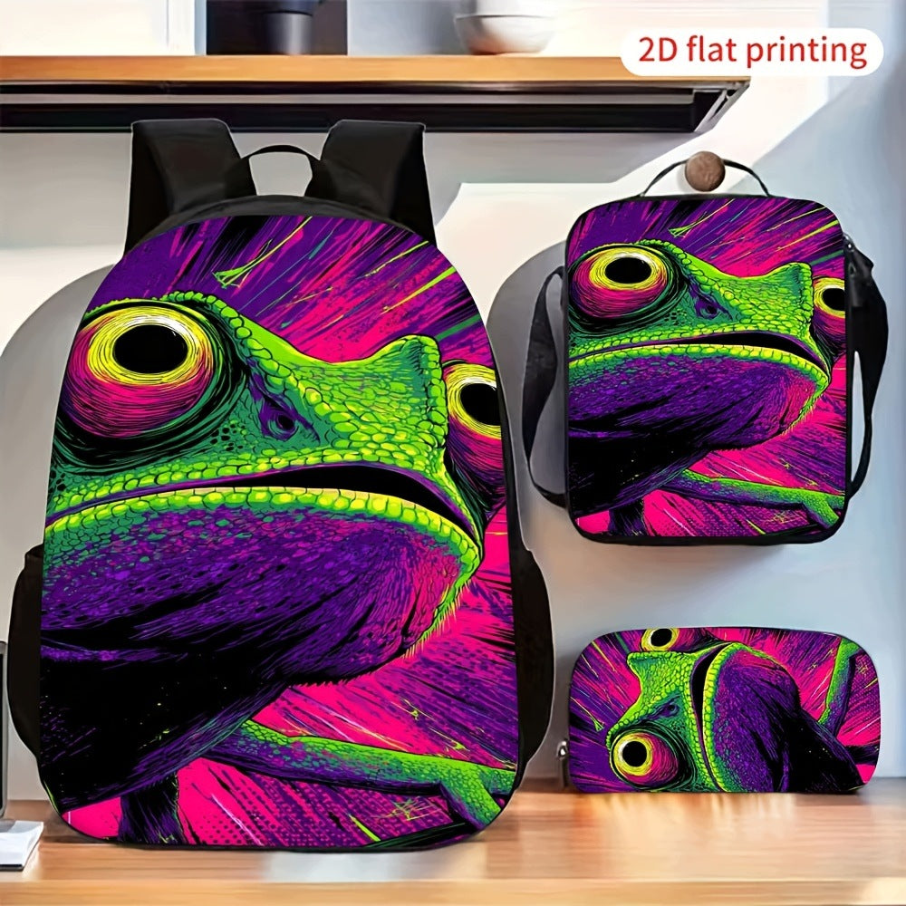 Cool Chameleon Graphic Pattern 3-Piece Backpack Set with Crossbody Bag