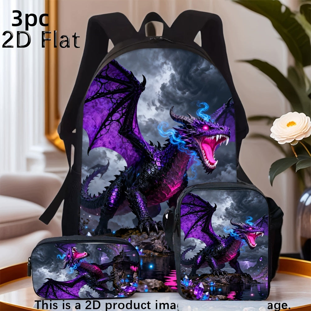 Cool Fantasy Purple Black Dragon Print Backpack Set with Shoulder Bag