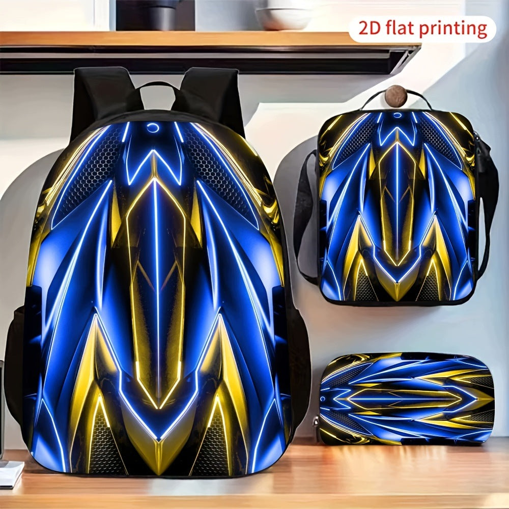 Cool Neon Glow Blue Yellow Geometric Pattern Backpack Set Crossbody