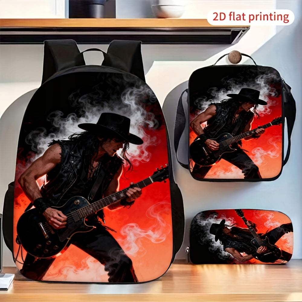 Cool Rock Guitar Player Print Backpack Set with Shoulder Bag and Pencil Case