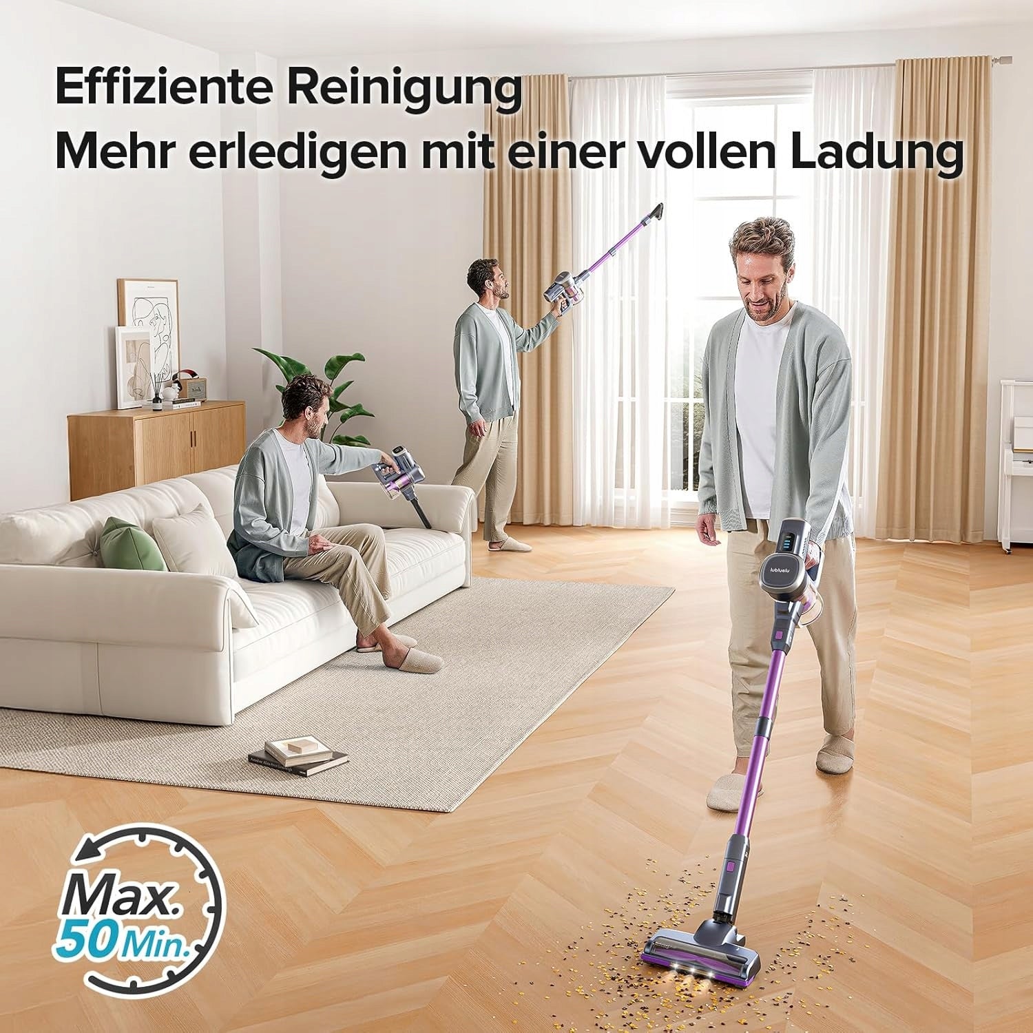 Cordless Vacuum Cleaner Vertical 25kPa 220W 50min LED Lubluelu 202 Power supply rechargeable battery