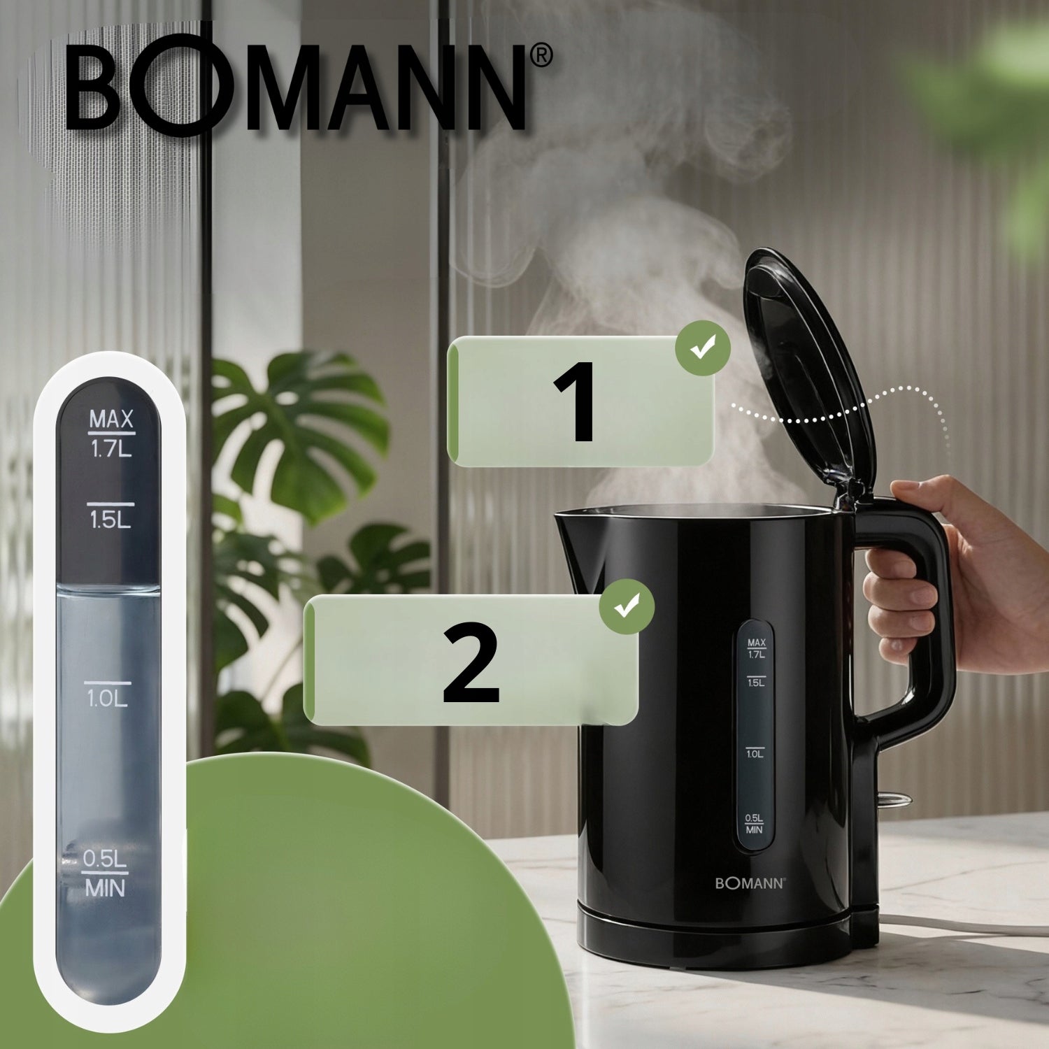 Cordless electric kettle 1.7 L Bomann WK 6090 CB Lightweight 2200 W Power 2200 W