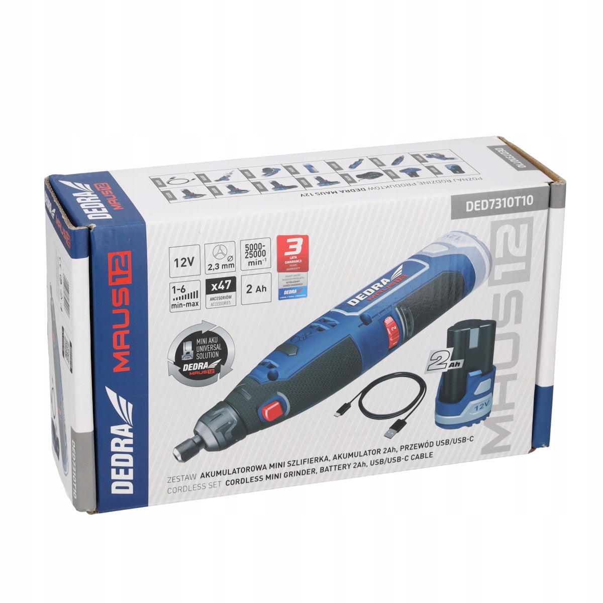 Cordless mini grinder 12V DEDRA MAUS rechargeable battery 2.0 Ah, USB-C set Packaging status original