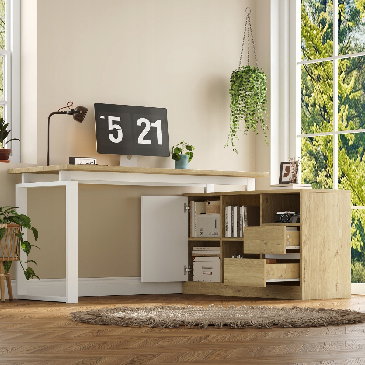 Corner Desk L-Shaped 152x113cm Loft Metal MDF 2 Drawers Cabinet Oak Brand no brand