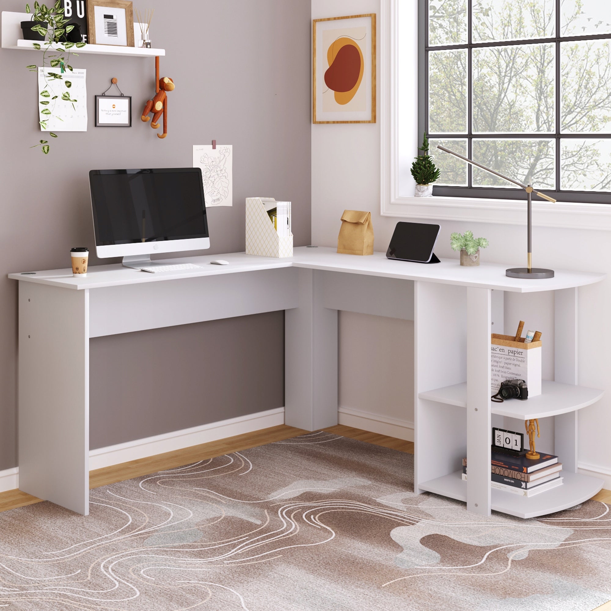 Corner desk L-shaped, 140 cm, white, 2 shelves