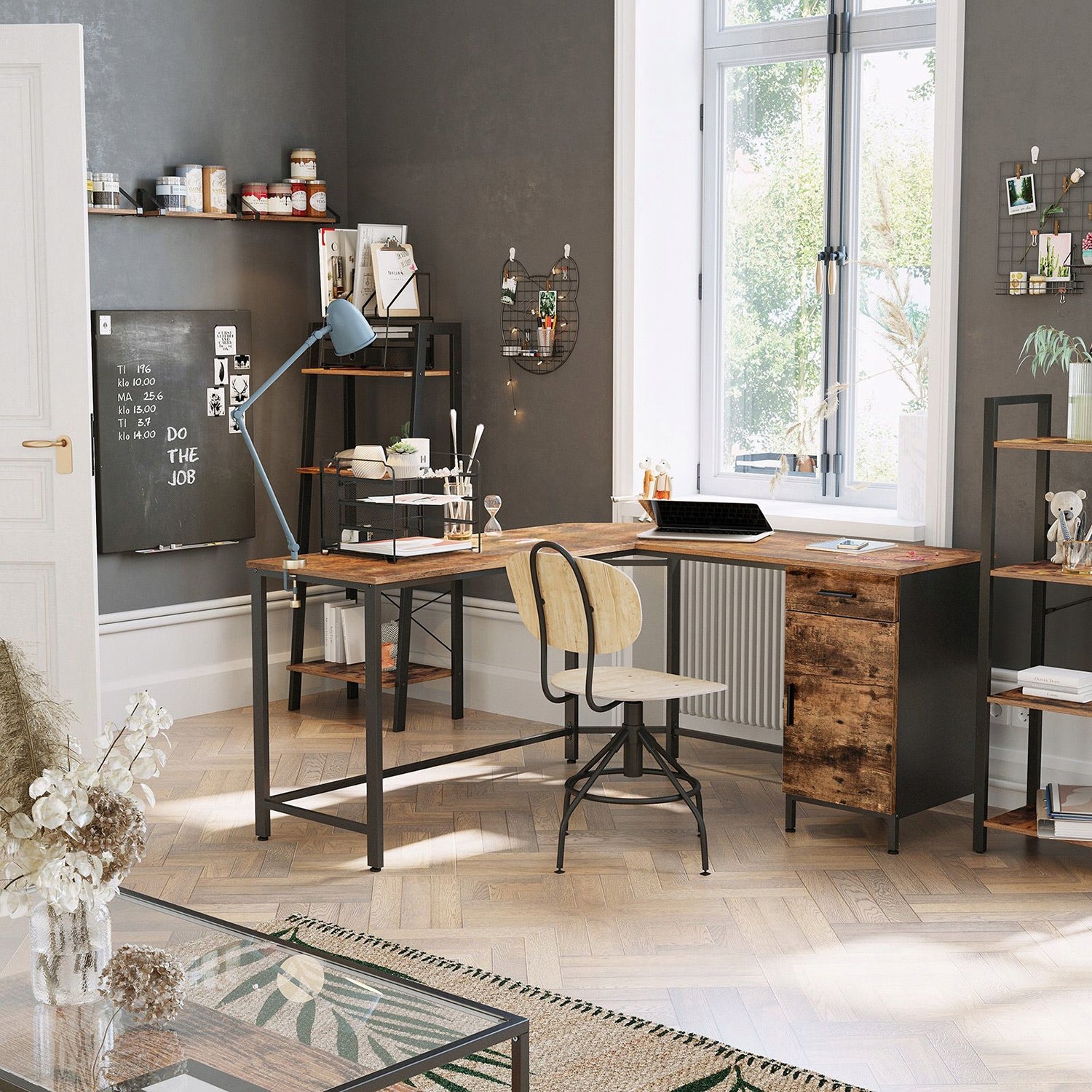 Corner industrial desk, loft cabinet, shelves, brown EAN (GTIN) 5903575794785
