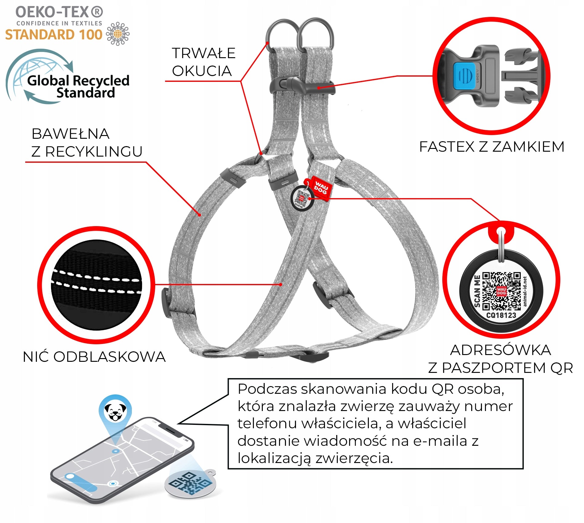 Cotton dog harness, reflective, with QR code, grey, size S Size S