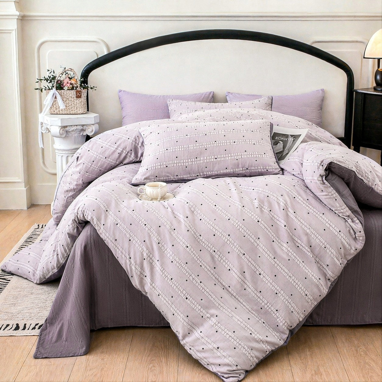 Cotton muslin bedding 180×220 cm, 4-piece, light purple with dots Packaging status original