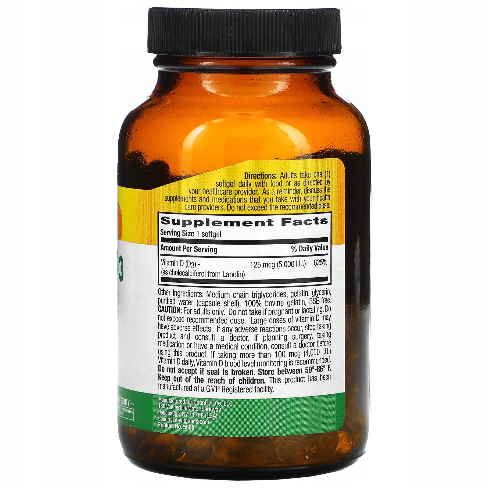 Country Life, Vitamin D3, 125 mcg (5,000 IU), 200 soft capsules Brand Country Life