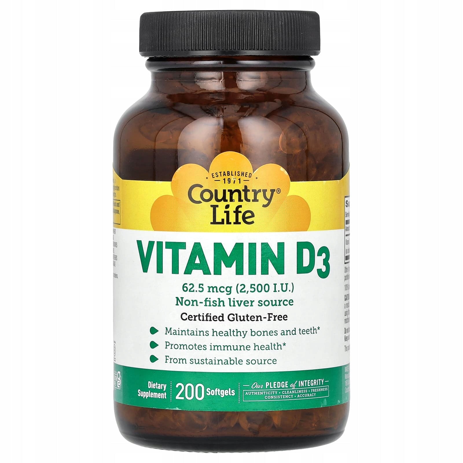 Country Life, Vitamin D3, 62,5 µg (2500 IU), 200 soft capsules