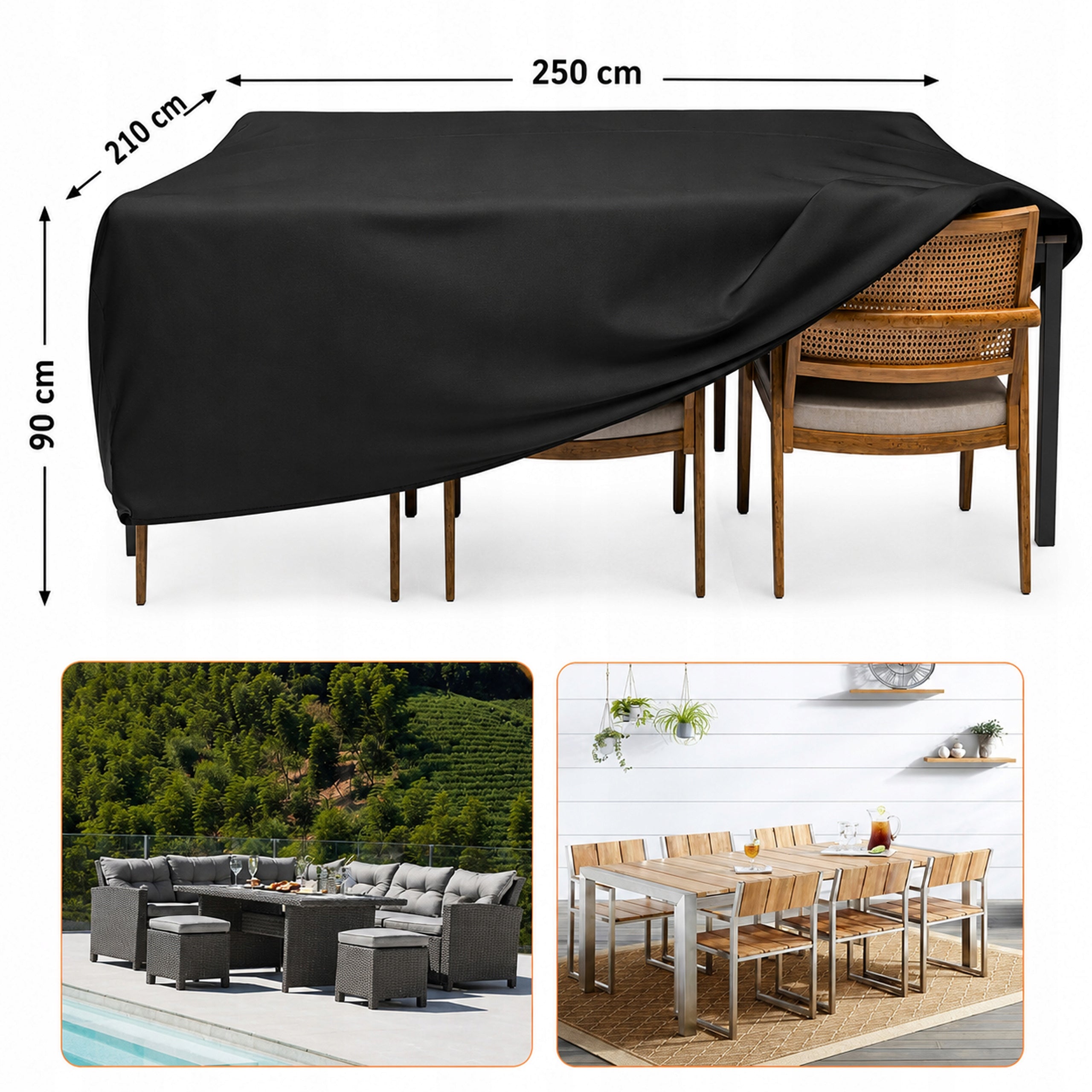 Cover Tarpaulin for Garden Furniture Table Chairs Waterproof 250x210x90 XL Color black
