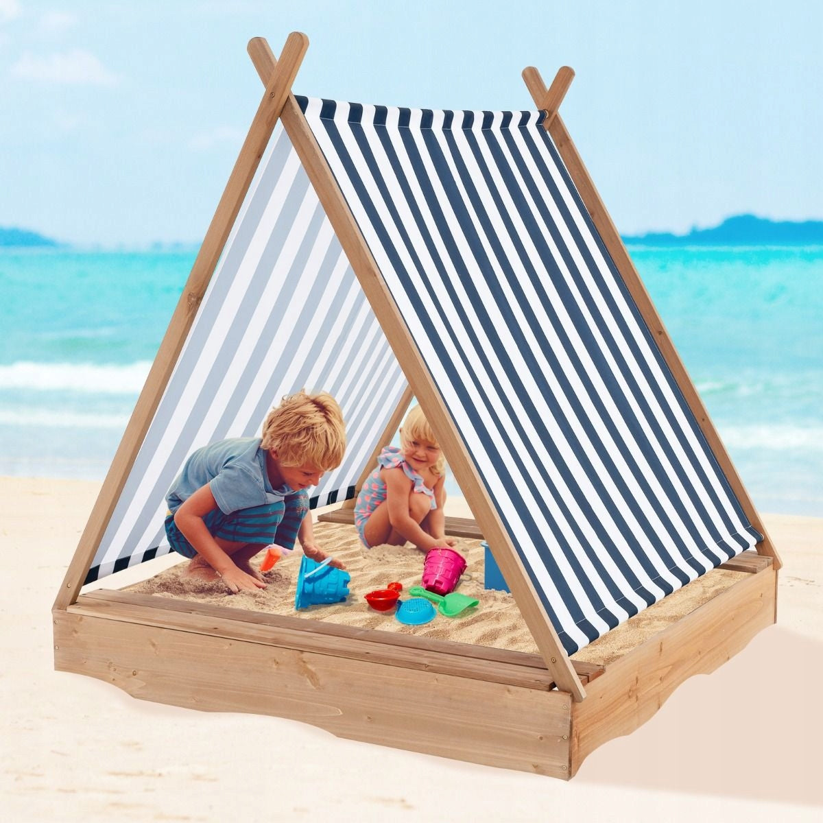 Covered sandbox for children 2 Benches Canopy 124 x 123 x 134 cm Brand Costway