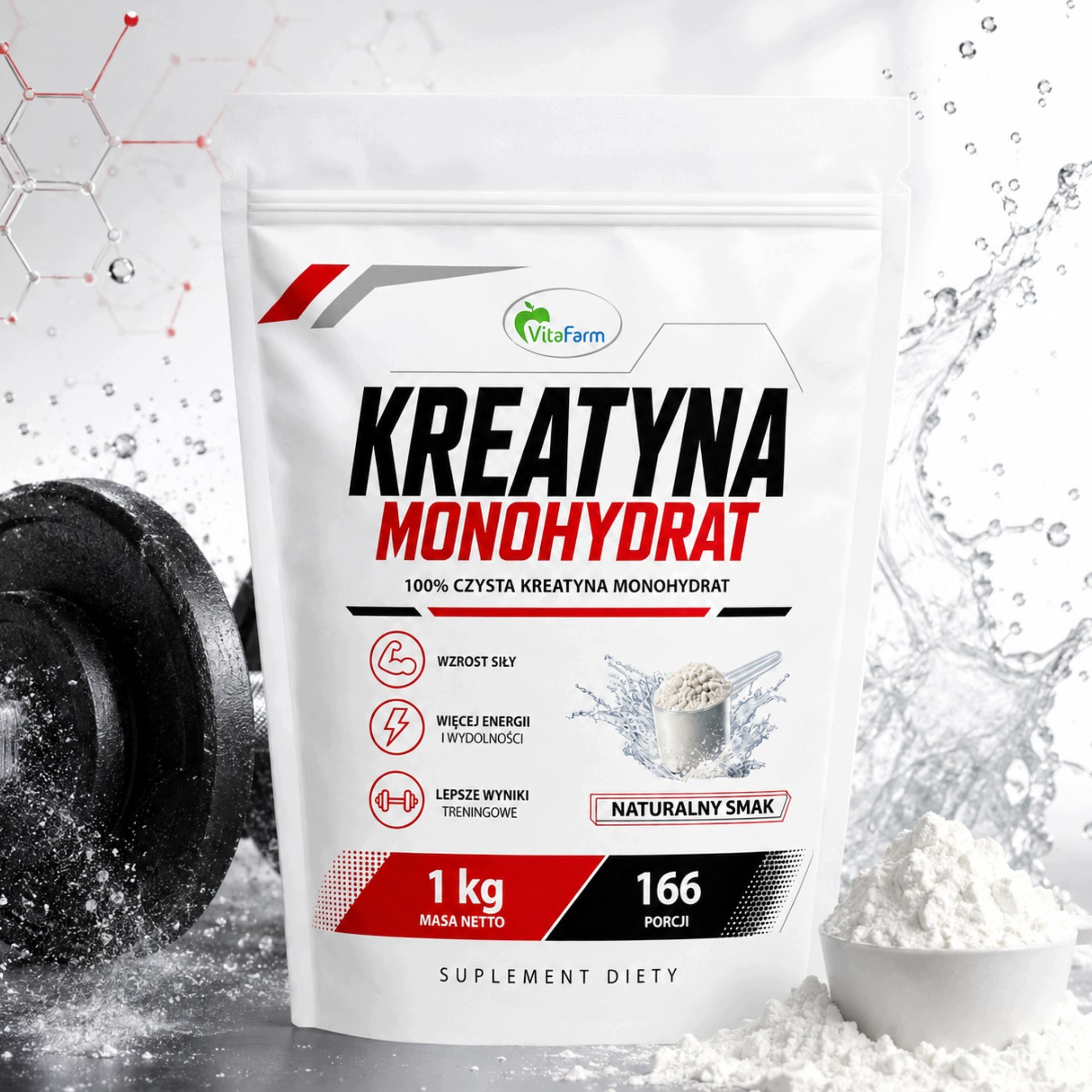 Creatine 100% Monohydrate 1000g Natural 166 servings Muscle Mass Energy Packaging status original