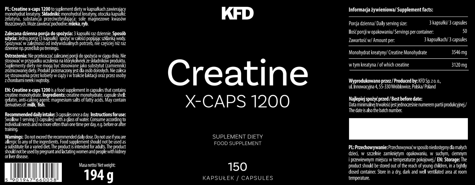 Creatine KFD Creatine X-Caps 1200 150 kaps. Expiration date at least 1 year from the date of purchase