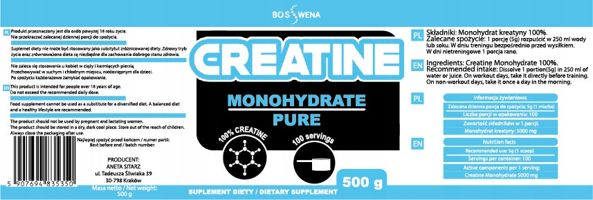 Creatine MONOHYDRAT 500g CREATINE PURE 100 servings Packaging status original