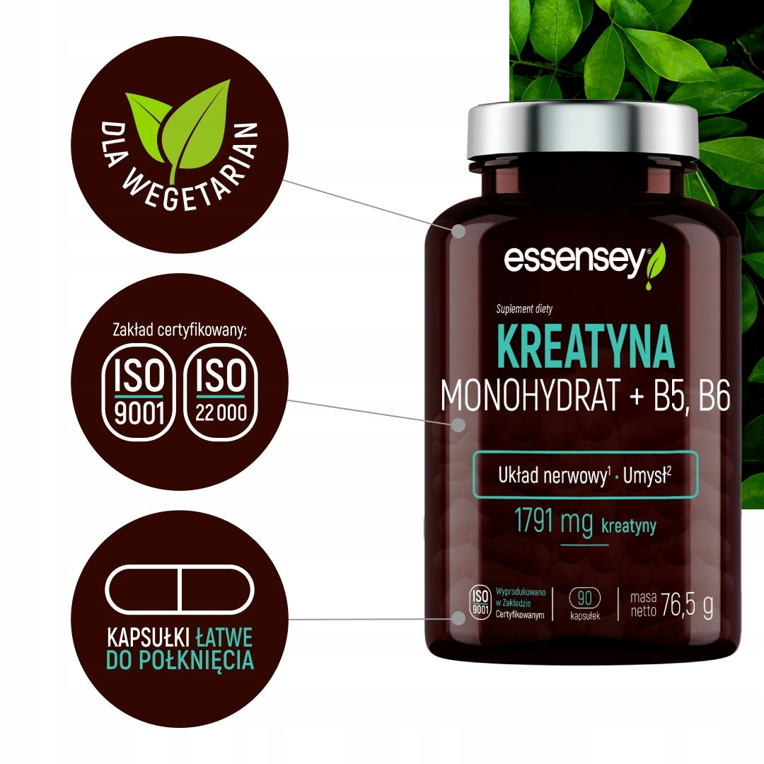 Creatine Monohydrate Premium 90 Kaps + Wit B5 B6 Nervous System Mind Muscle Expiration date at least 1 year from the date of purchase