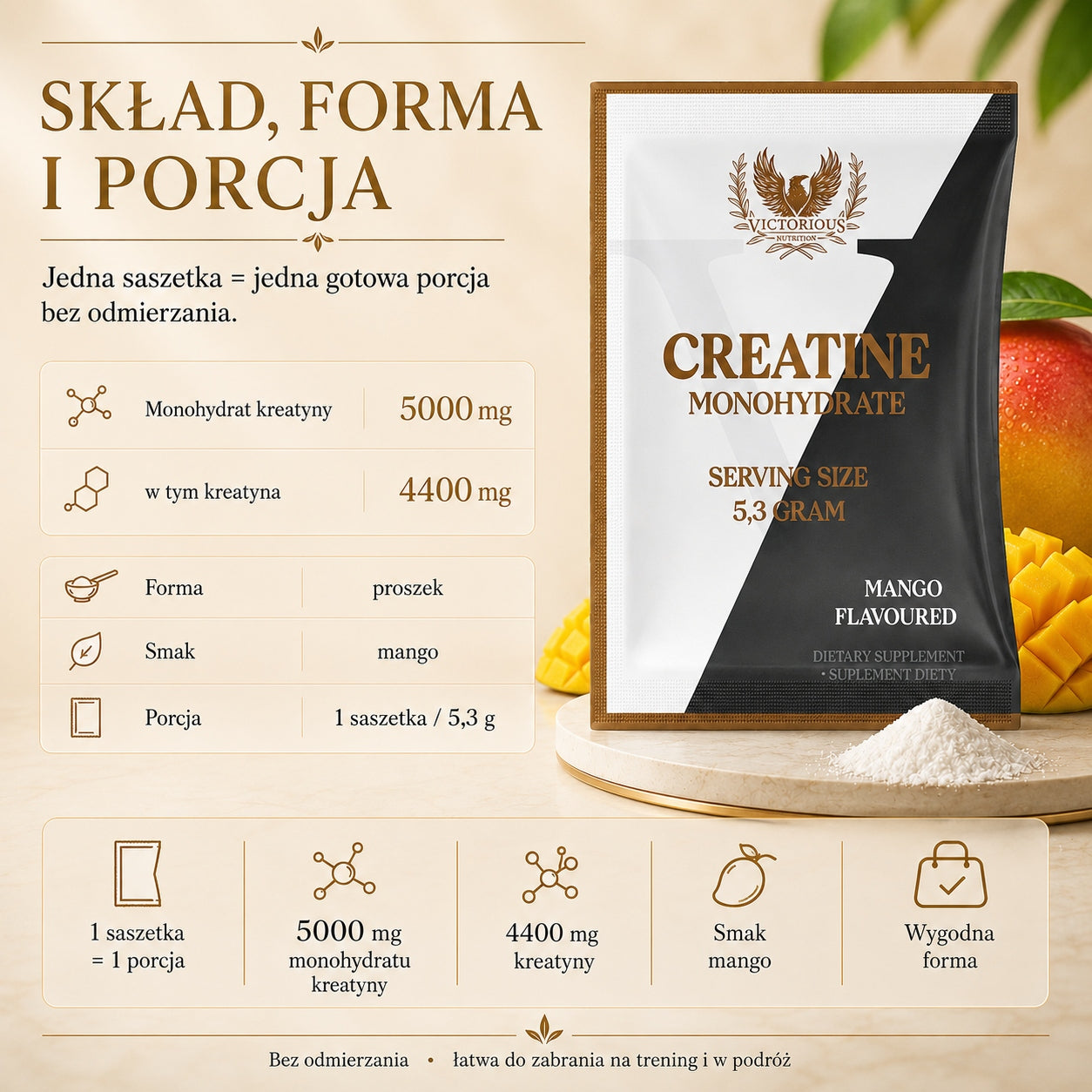 Creatine Monohydrate Sachet 5,3g Creatine Monohydrate Mango Victorious Expiration date at least six months from the date of purchase