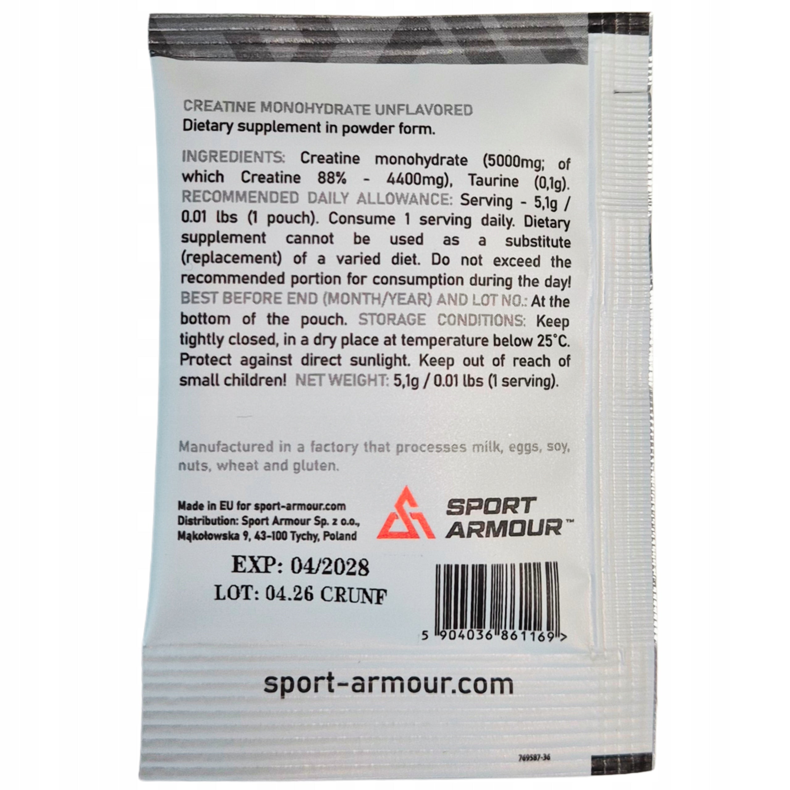 Creatine Monohydrate Sport Armour 5,1g Unflavored Sample Premium Creatine Packaging status original