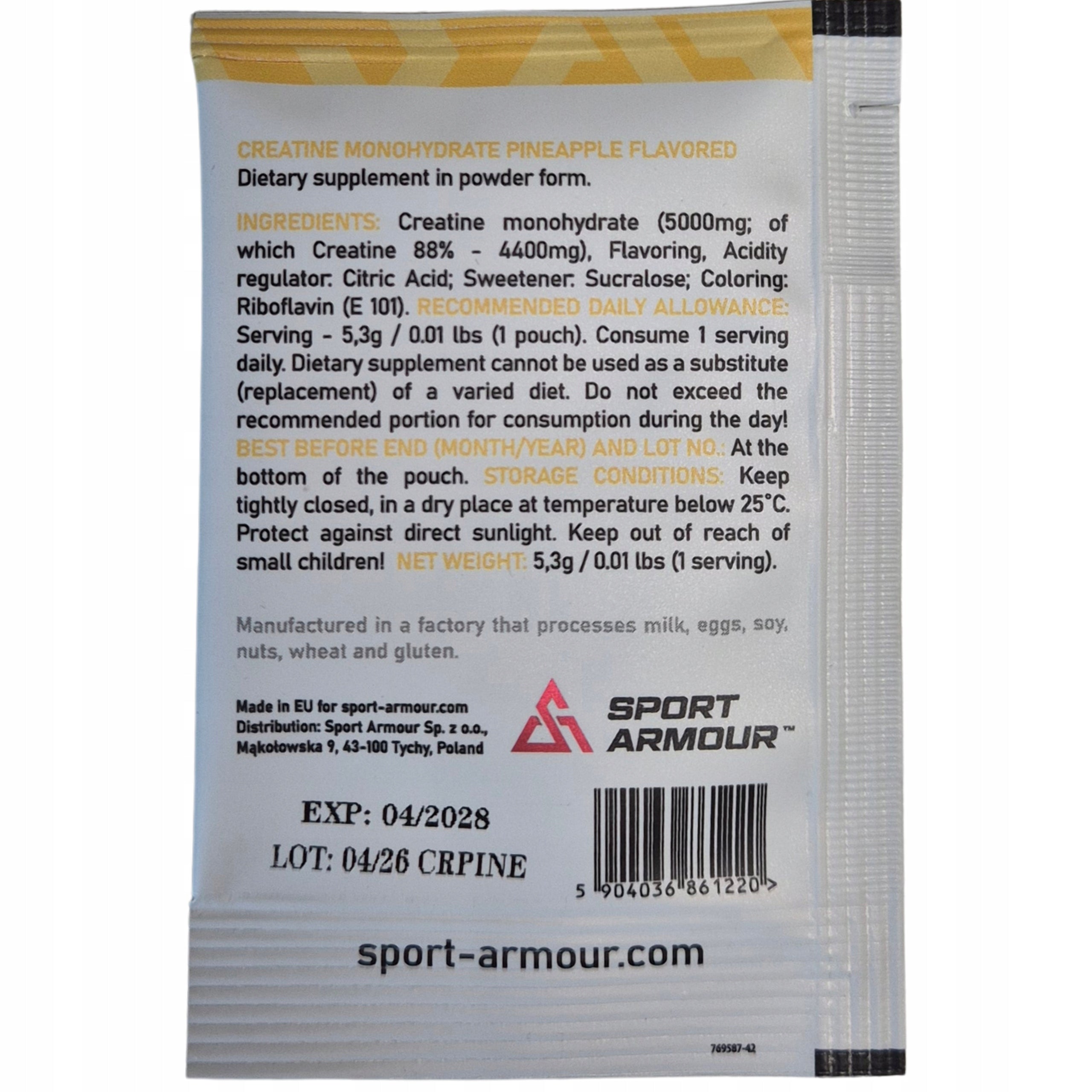 Creatine Monohydrate Sport Armour 5,3g Pineapple Sample Premium Creatine Pump Packaging status original