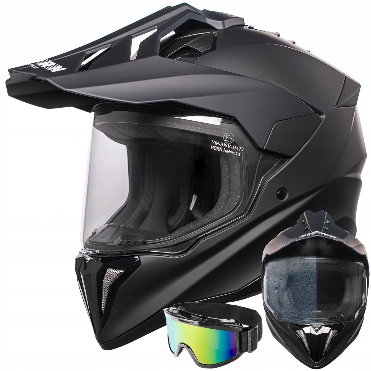Cross enduro motorcycle helmet HORN XS 53-54 antifog glass + goggles ECE 22.06
