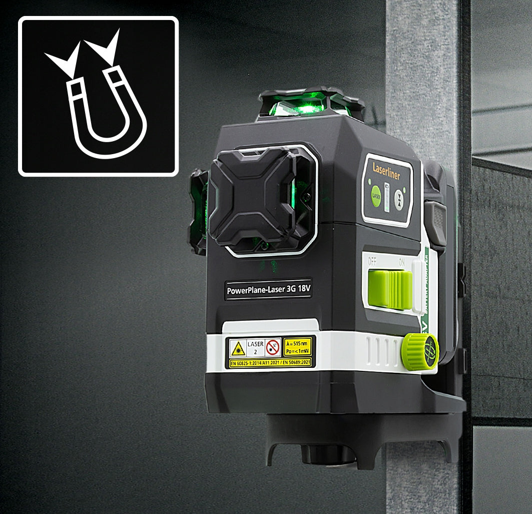 Cross laser 360° 8G green + 7x adapter 18V Bosch, Makita ... + L-BOXX Maximum working range 60 m