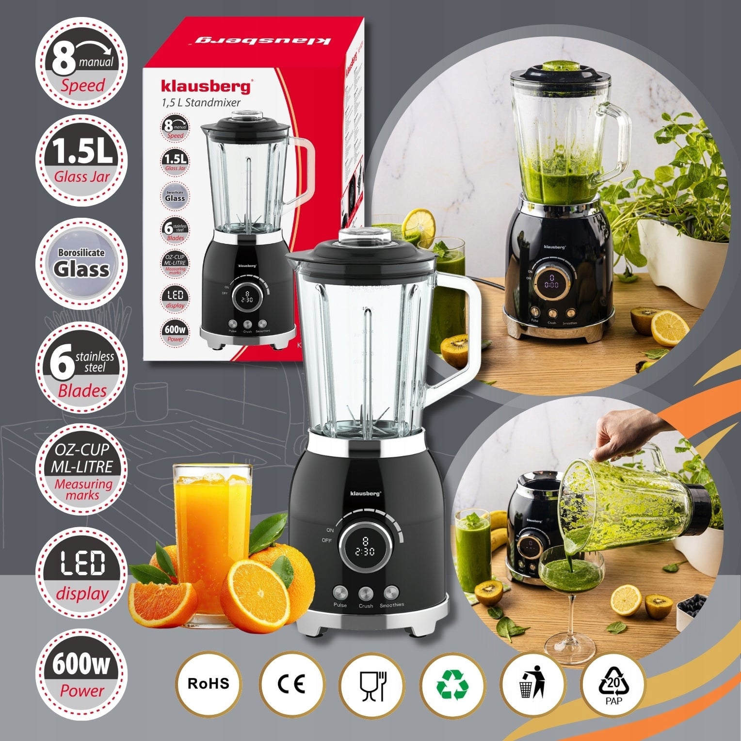 Cup Blender 1,5L KLAUSBERG 600W LED Smoothie Ice Crush Mixer Manufacturer code KB-9029