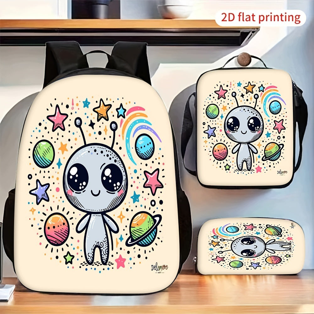 Cute Alien Star Planet Space Pattern Backpack Set Lunch Bag