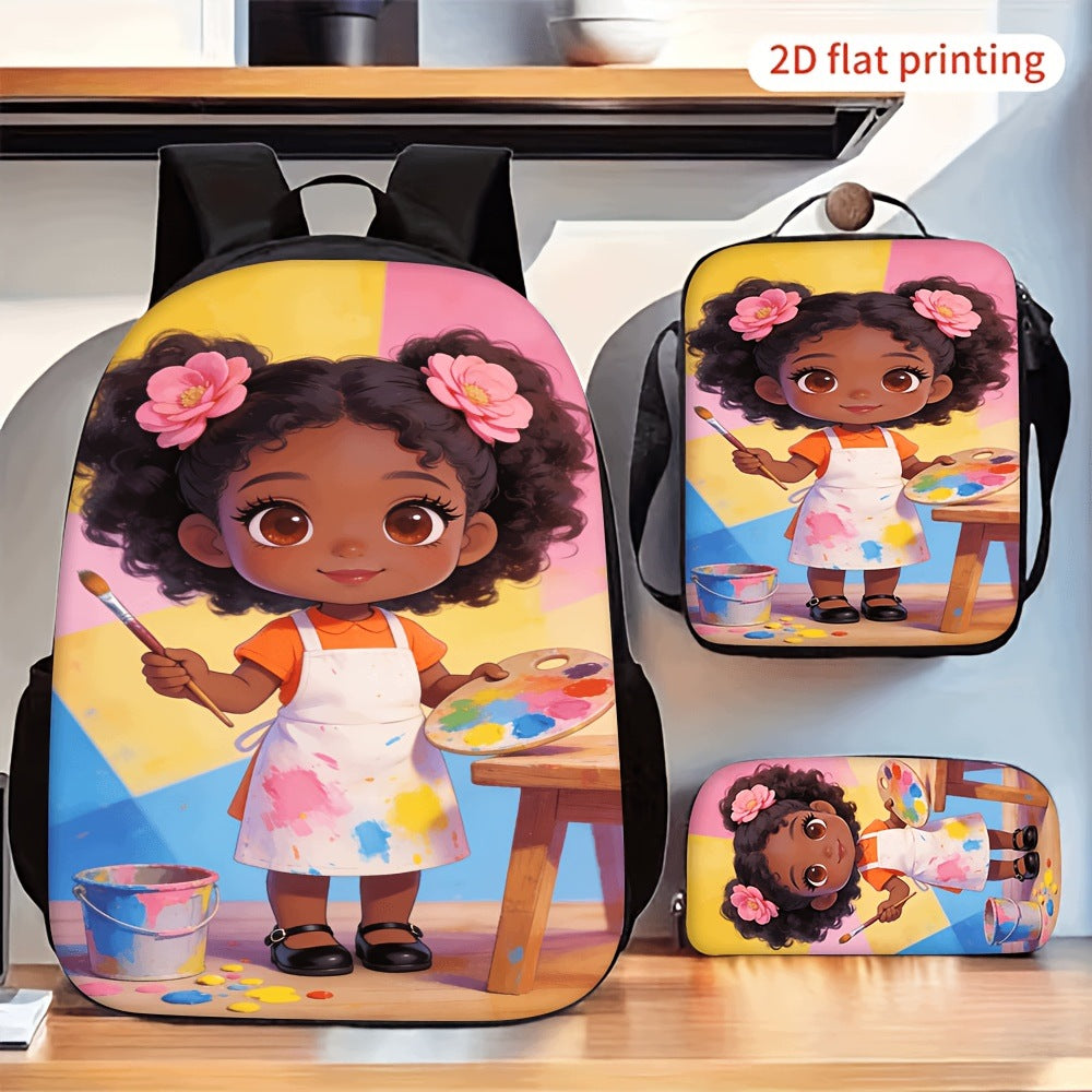 Cute Black Girl Painter Art 3-Piece Backpack Set with Lunch Bag and Pencil Case