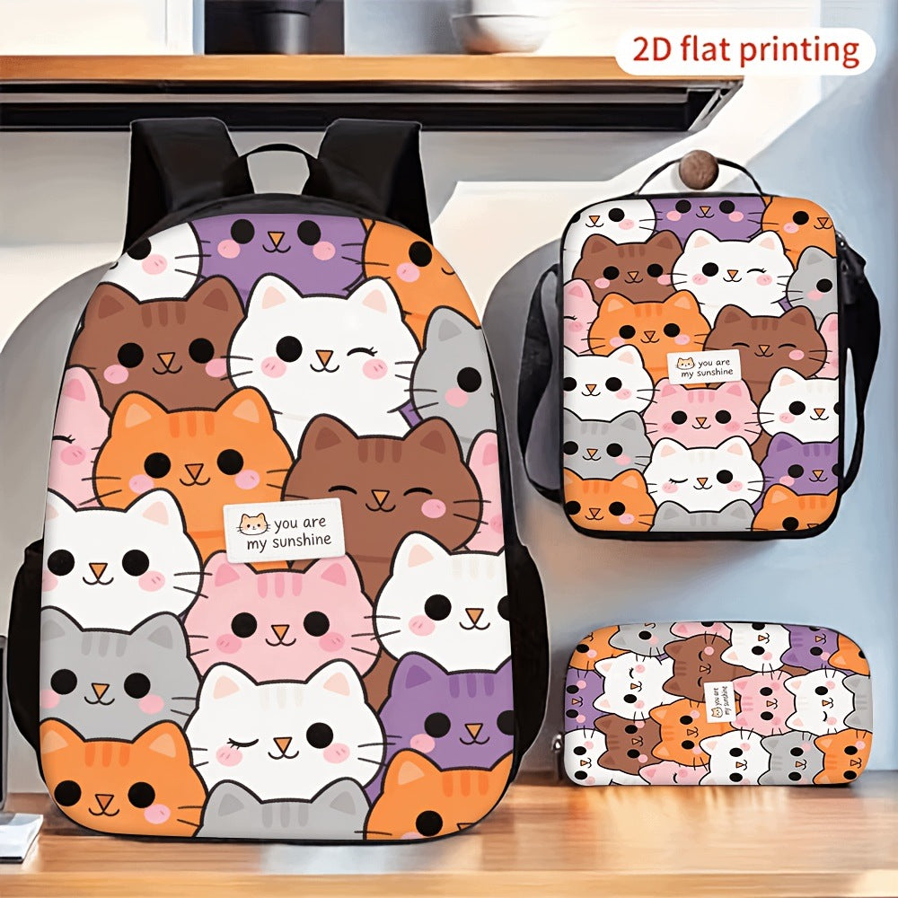 Cute Cartoon Cats Print 3-Piece Backpack Set with Lunch Bag and Pencil Case