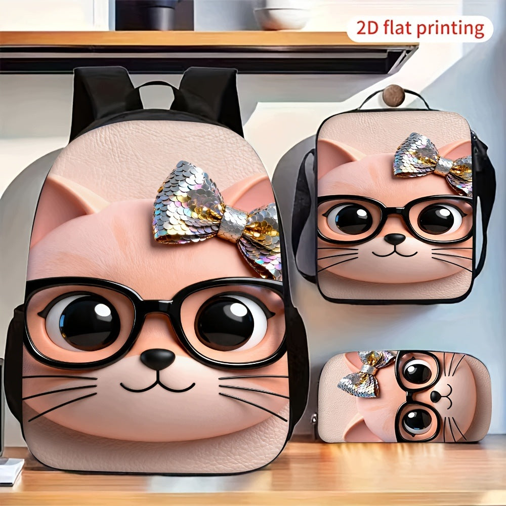 Cute Cat Backpack Set with Bowknot Glasses and Matching Bag