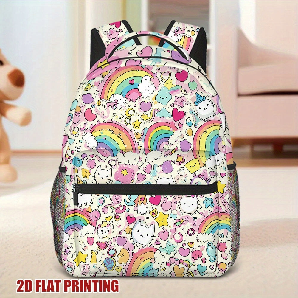 Cute Cat Pastel Rainbow Hearts Print School Travel Backpack