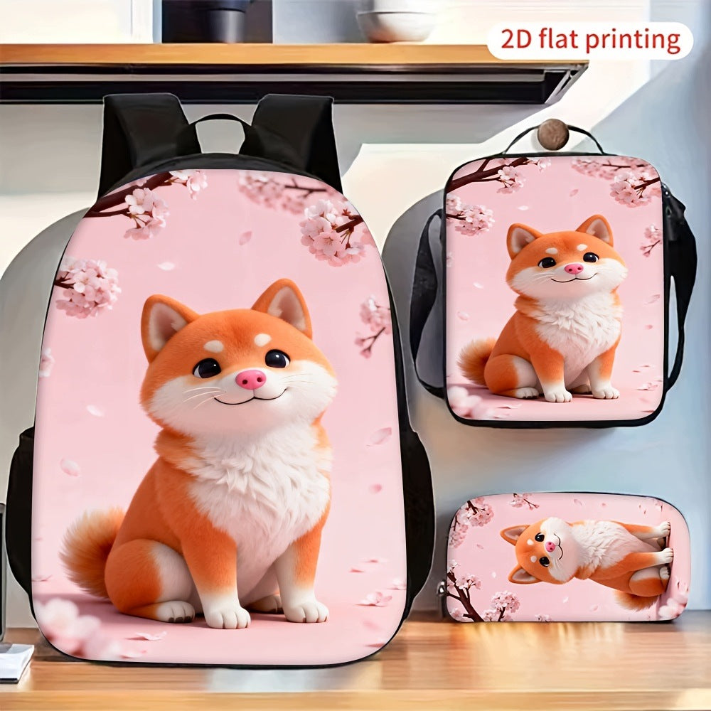 Cute Orange Shiba Inu Cherry Blossom Pattern 3-Piece Backpack Set